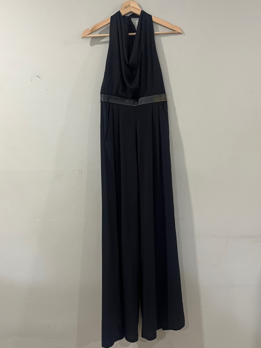 Alice + Olivia Black Halter Jumpsuit with Cowl Neck metallic accent